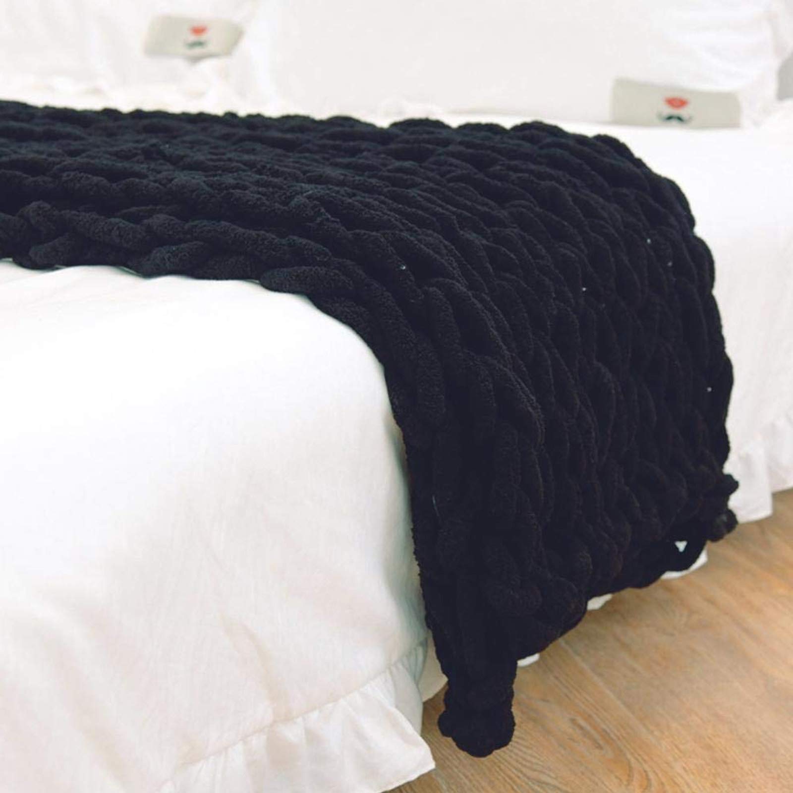 BWBG Handmade Chunky Knit Blanket Black, Knitted Blankets Chunky Soft Cozy Chenille Casual 6CM Wide Knitted Warm Knitting Throw For Bedroom Decor Chair Sofa Pet Mat-100x200CM