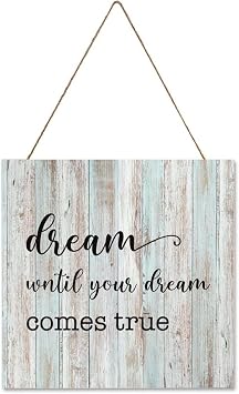 Rustic Wood Plaque Sign Dream Until Your Dreams Come True Farmhouse Decorative Distressed Look Wall Hanging Art Plaque with Quote Home Decor Wall Decoration for Door Room Novelty Gift 8" x 8"