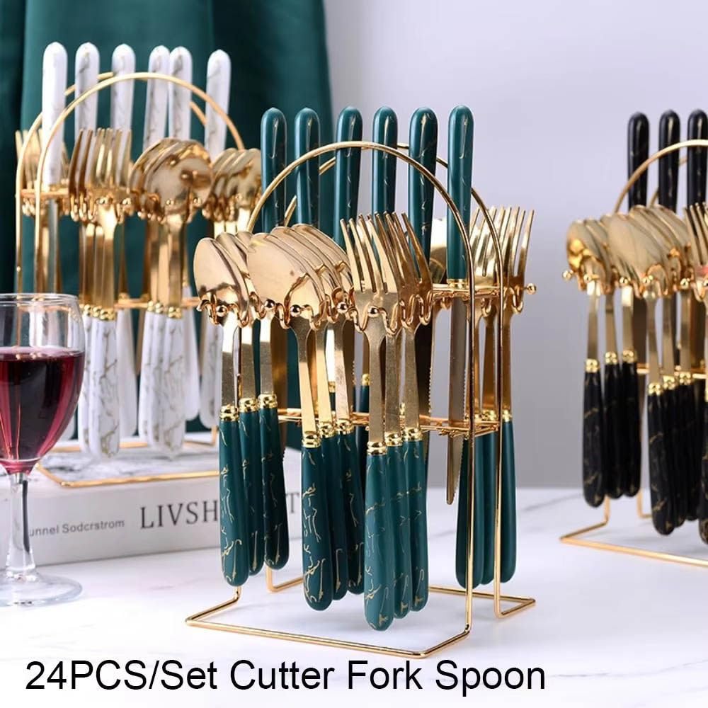 Set Di Posate In Acciaio Inossidabile Da 24 Pezzi, Set Di Utensili Da Tavola Lucidati A Specchio, Coltello con Manico In Ceramica, Forchetta E Cucchiaio, per Ristorante Domestico Black