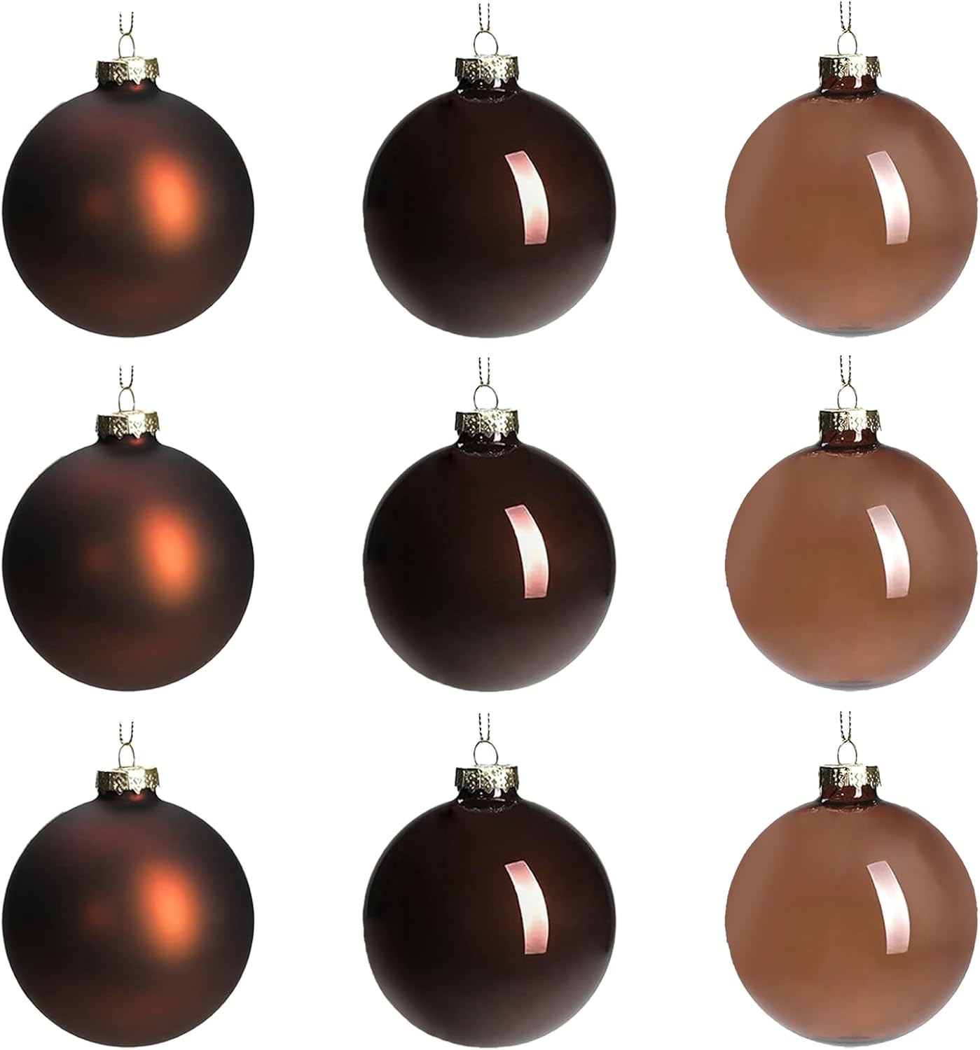 DN DECONATION Brown Glass Christmas Ball Ornaments, Set of 9, 3' Hanging Christmas Baubles for Xmas Tree Decoration, Wedding Party Gift Brown Set of 9