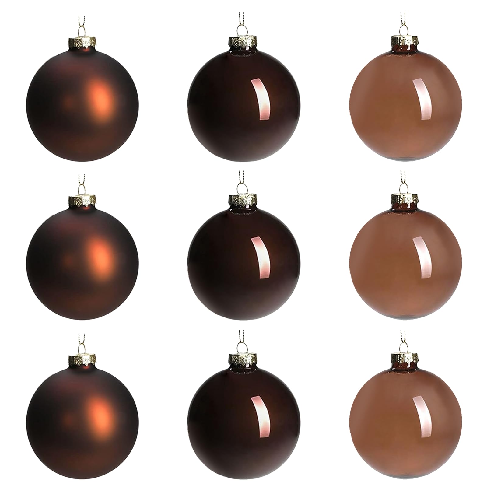 DN DECONATION Brown Glass Christmas Ball Ornaments, Set of 9, 3' Hanging Christmas Baubles for Xmas Tree Decoration, Wedding Party Gift