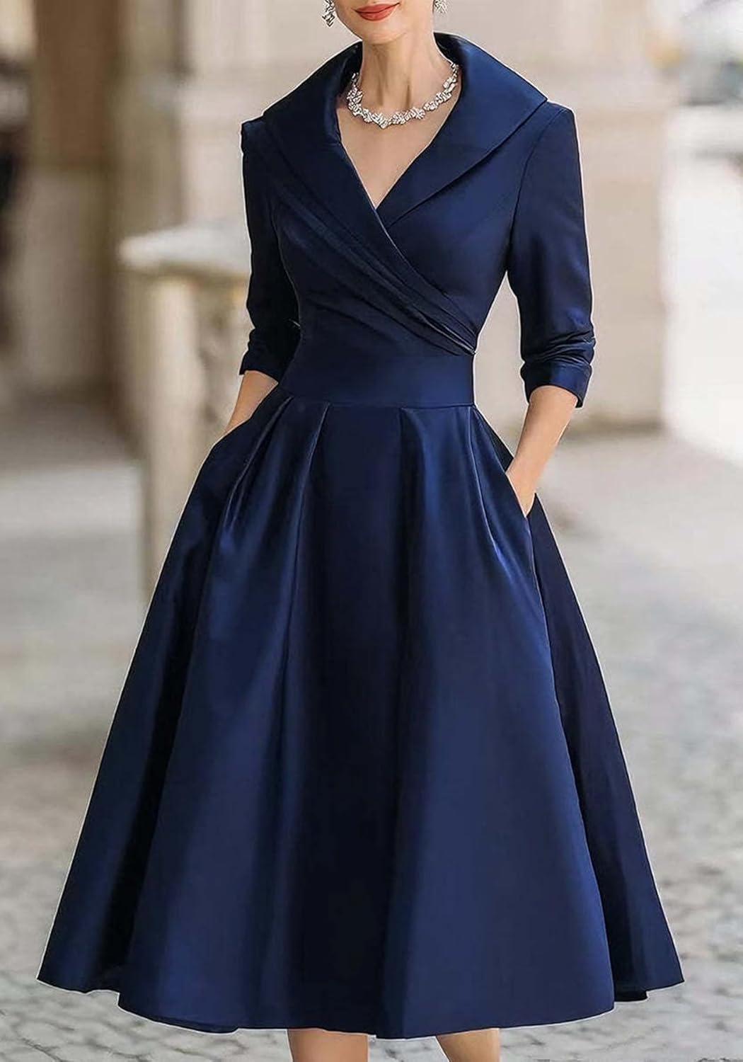 SHINFY Women Casual Wrap Dress Lapel V-Neck Satin A Line 3/4 Sleeve Elegant Formal Midi Dresses with Pockets