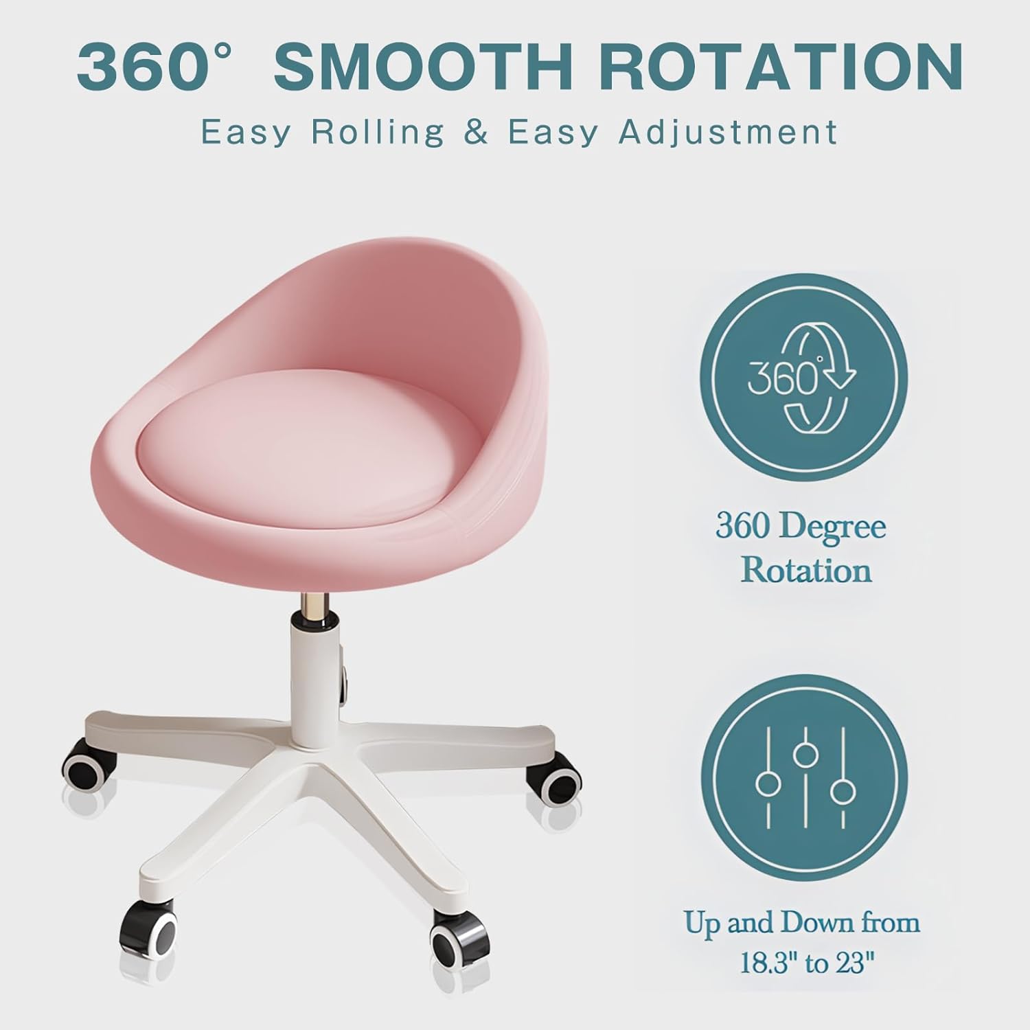 Rolling Stool Chair with Backrest, Round PU Leather Adjustable Height Hydraulic Swivel Rolling Stool for Spa Salon Tattoo Massage Doctor Dental Medical Office Pink