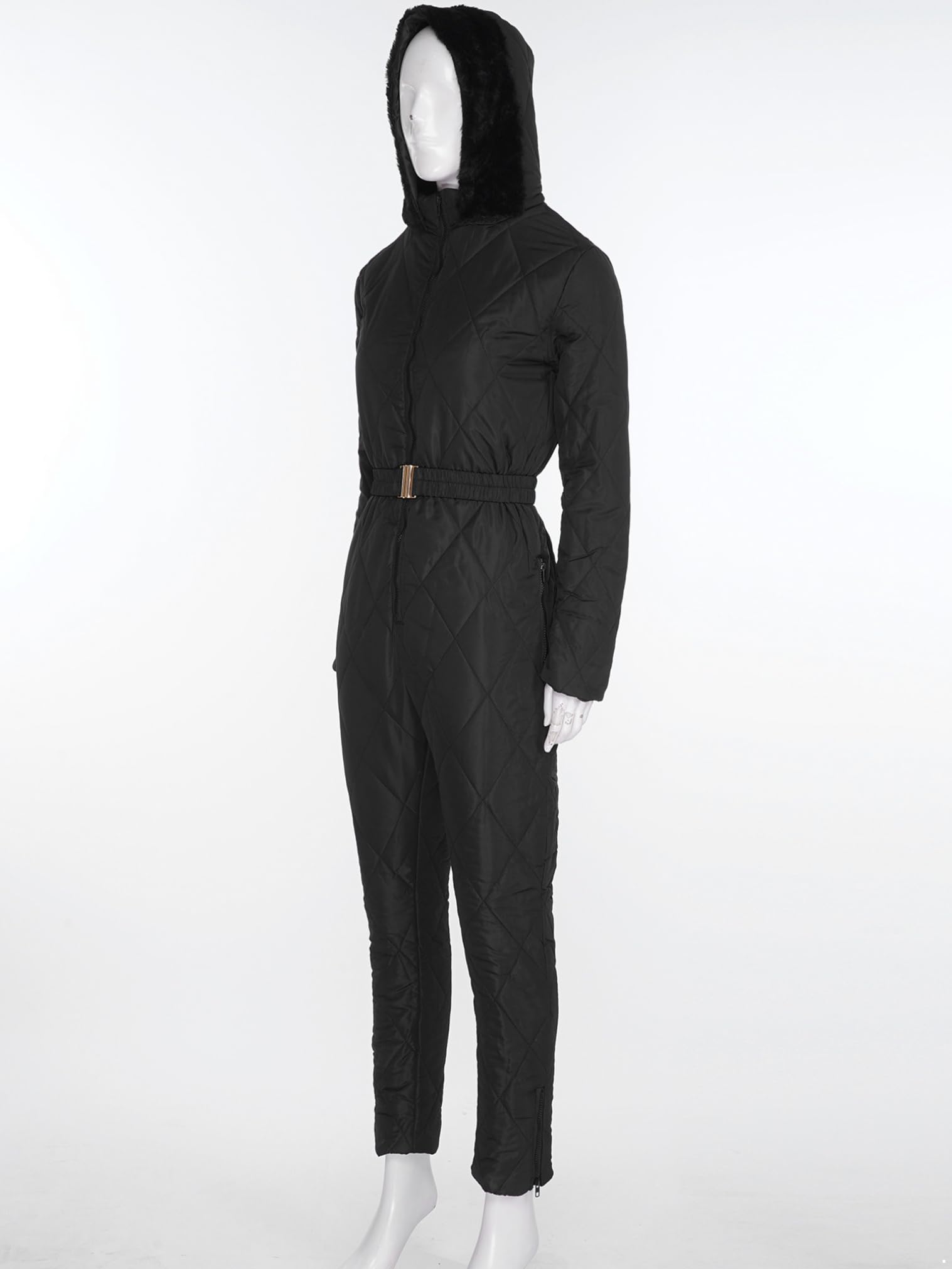 renvena Donna Tuta da Neve Isolata Impermeabile Antivento Tuta Intera Salopette da Neve Overall Jumpsuit con Cappuccio e Guanti Completo da Sci Snowsuit Nero XXL
