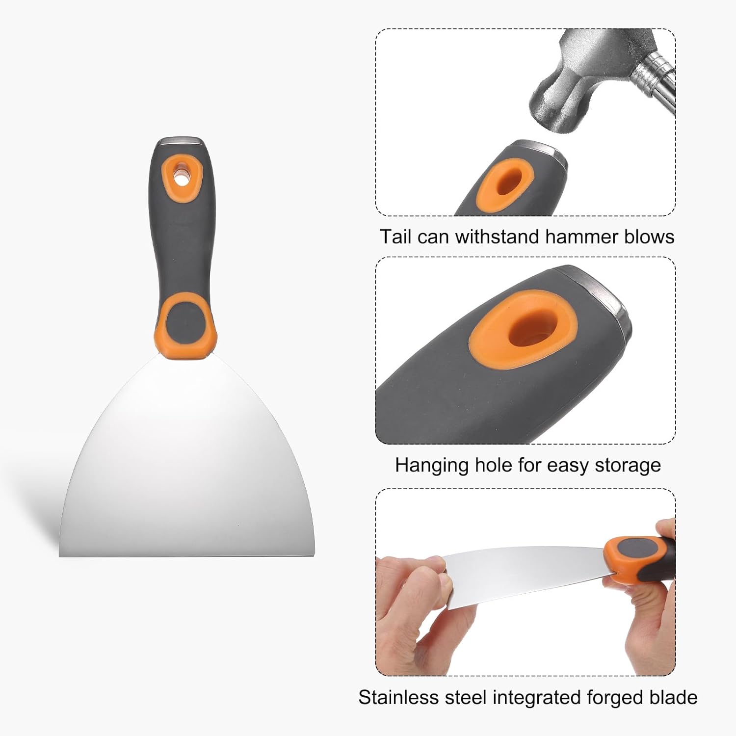 uxcell Putty Knife 5" Stainless Steel Paint Scraper Flexible Drywall Repair Mud Knife for Removing Cement Wallpaper Mud Adhesive Taping with Metal Hammer End