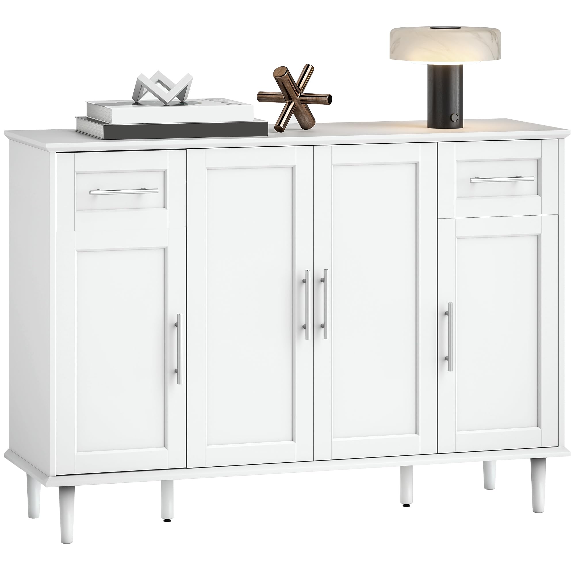 HOMCOM Mobile Soggiorno, 2 Cassetti 3 Armadietti, 120x38x86 cm, Bianco | Credenza Soggiorno, Mobile Cucina120 cm, Ripiani Regolabili, Madia, Gambe in Pino, Sala da Pranzo, Cucina
