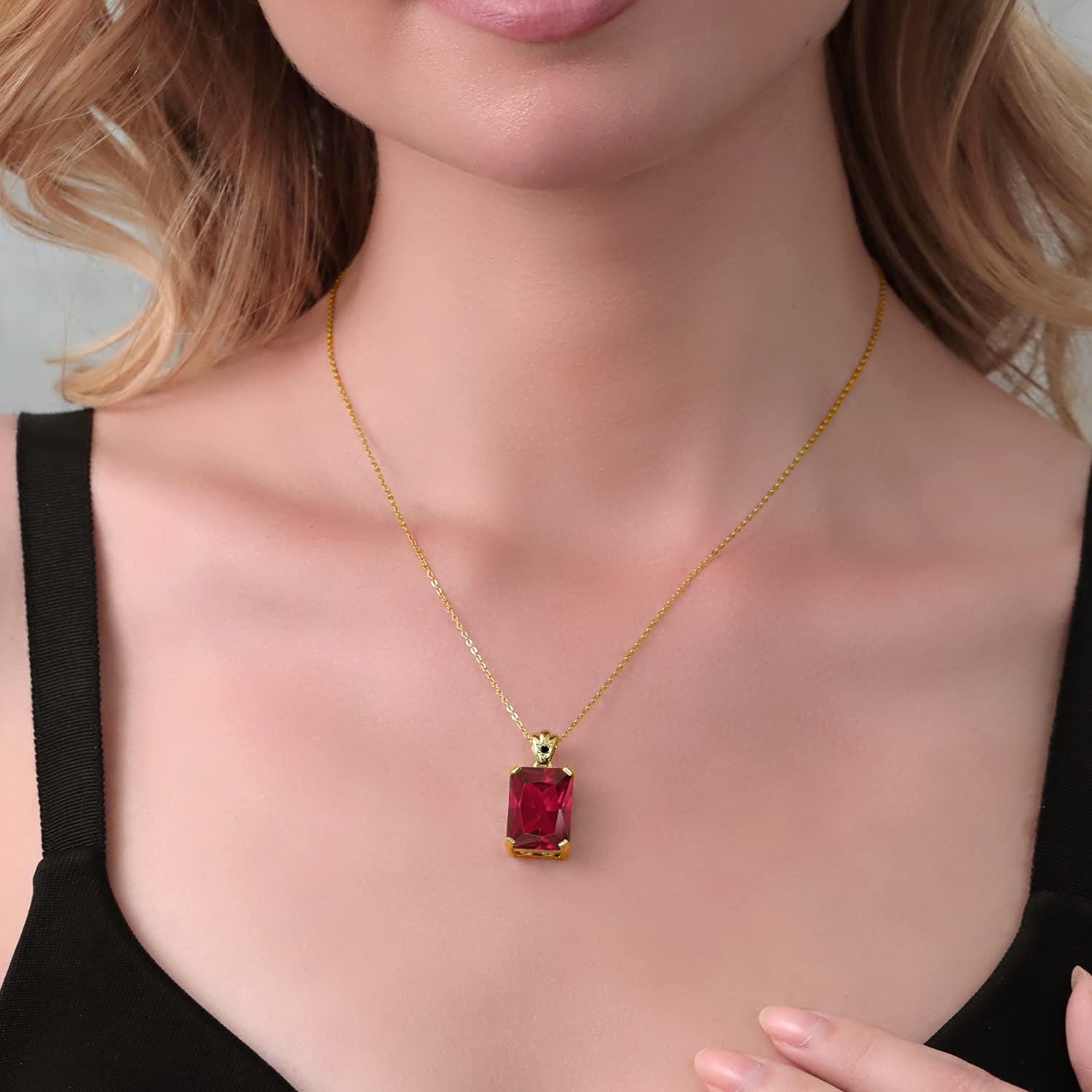 Gemstone Birthstone and Diamond Pendant Necklace in 18K Yellow Gold Plated Silver | Emerald Cut 18X13MM Center Stone & Round 1.8MM Accent | Fine Jewelry Gifts for Her Mom Women Wife | 18 Inch Chain