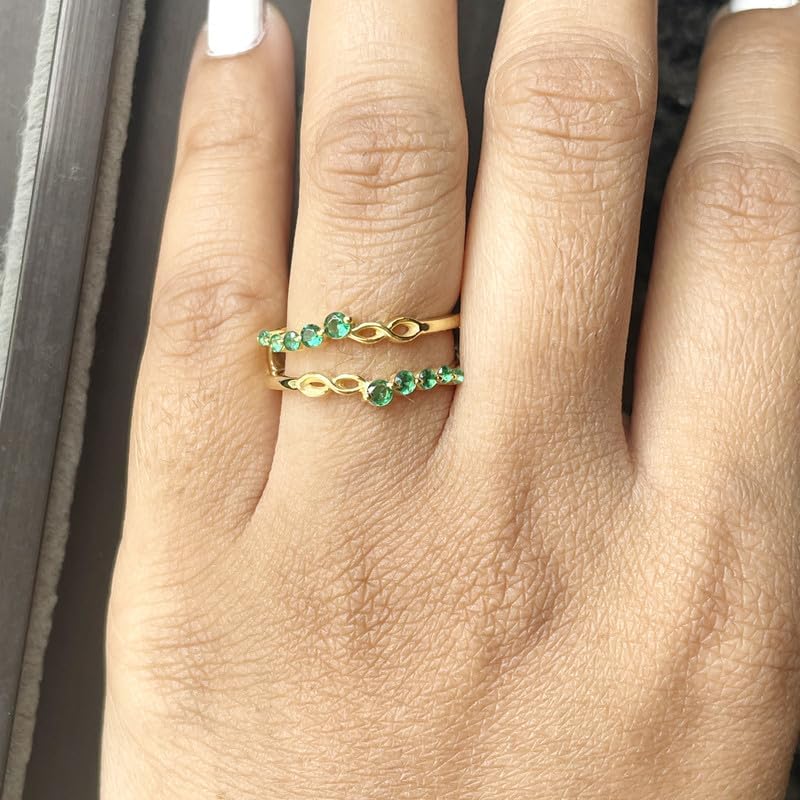 Round Cut Green Emerald Wedding Band Enhancer Guard for Women, 14K White Gold Finish 925 Silver Ladies Green Emerald Wrap Ring