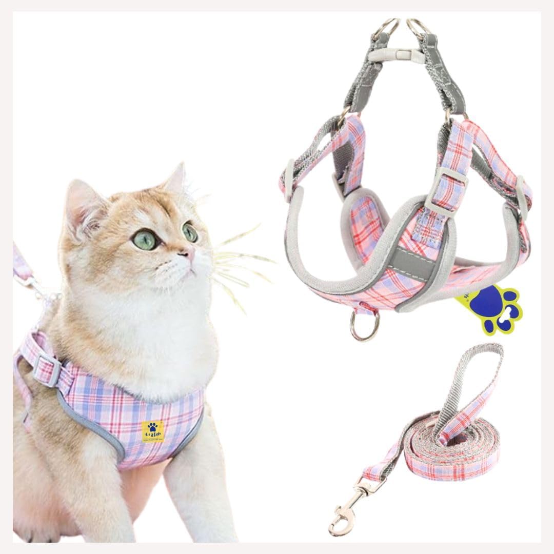 A+a Pets' Harness & Leash Set(Combo) for Cats, Puppies, Small Dogs with 2 Leash Points – Escape Friendly | Night Safety | Reflective Strips |100% Cotton (L, Pink)
