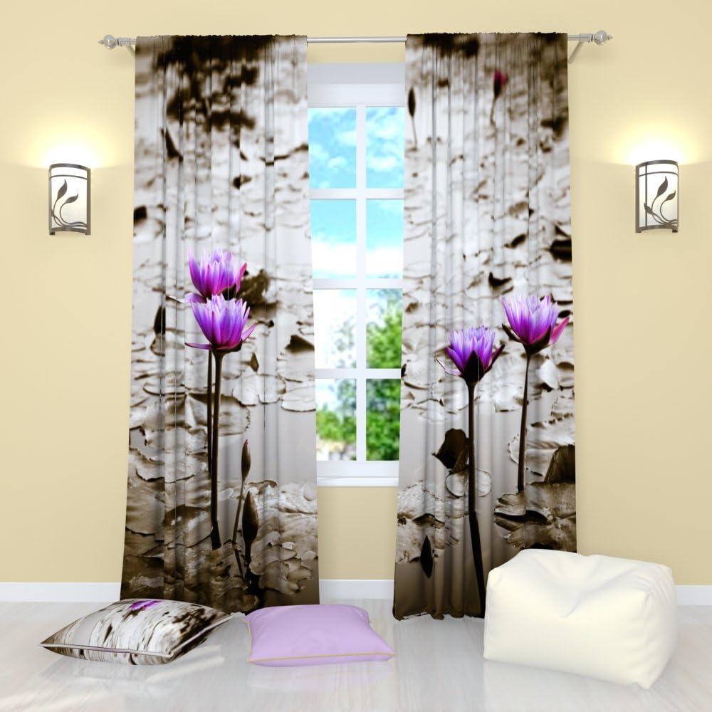 Factory4me Floral Curtains Contrast Pond. Window Curtain Set of 2 Panels Each W52 x L96 Total W104 x L96 inches Drapes for Living Room Bedroom Kitchen