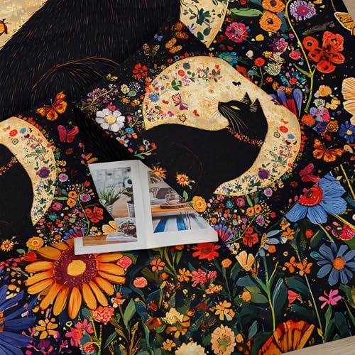 Image of Black Cat Bedding Cartoon Cat Comforter Set Full,Floral Bedding Full Size Bed ,with 1 Comforter with 2 Pillow Case