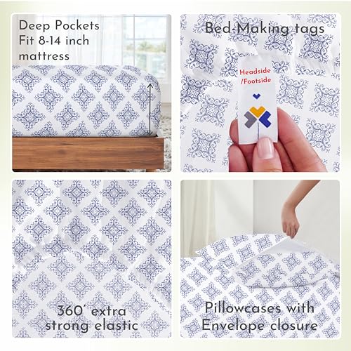 Image of California Design Den Queen Bed Sheet Set, 100% Cotton Sateen Printed Pattern, Deep Pocket Queen Sheets & Pillowcase Set - Filigree