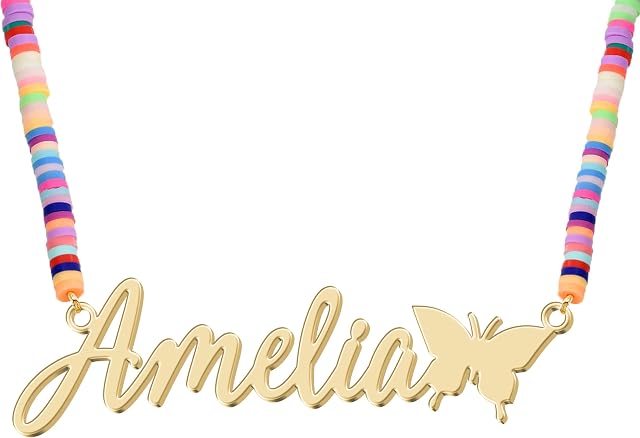 Personalized Girls Name Necklace with Butterfly Custom Rainbow Magic 18K Gold Plating Pendant Jewelry Christmas Birthday Party Gift for Teen Kids Daughter Granddaughter