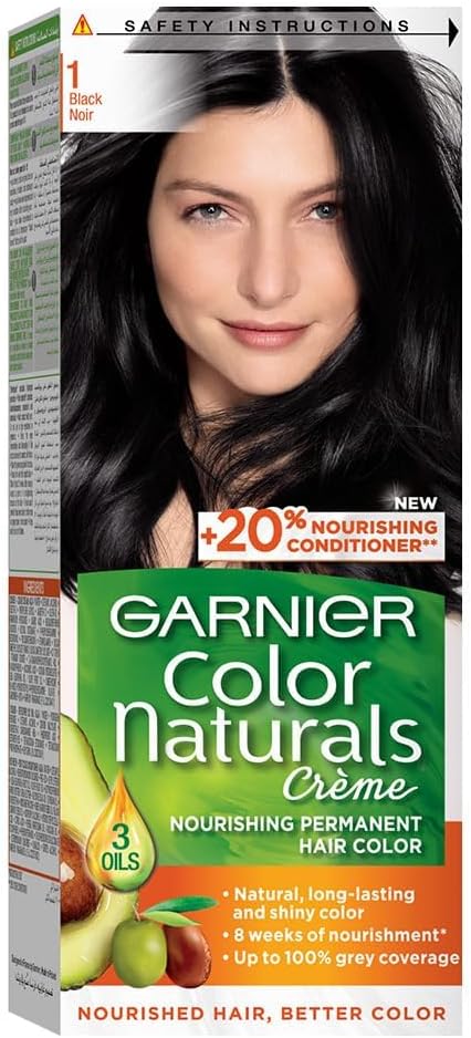 Garnier Hair Colour, With 3 Nourishing Oils, Grey Covereage, Long-lasting Shiny Colour, Natural-looking Result, For All Hair Types, Color Naturals Crème, 1 Black