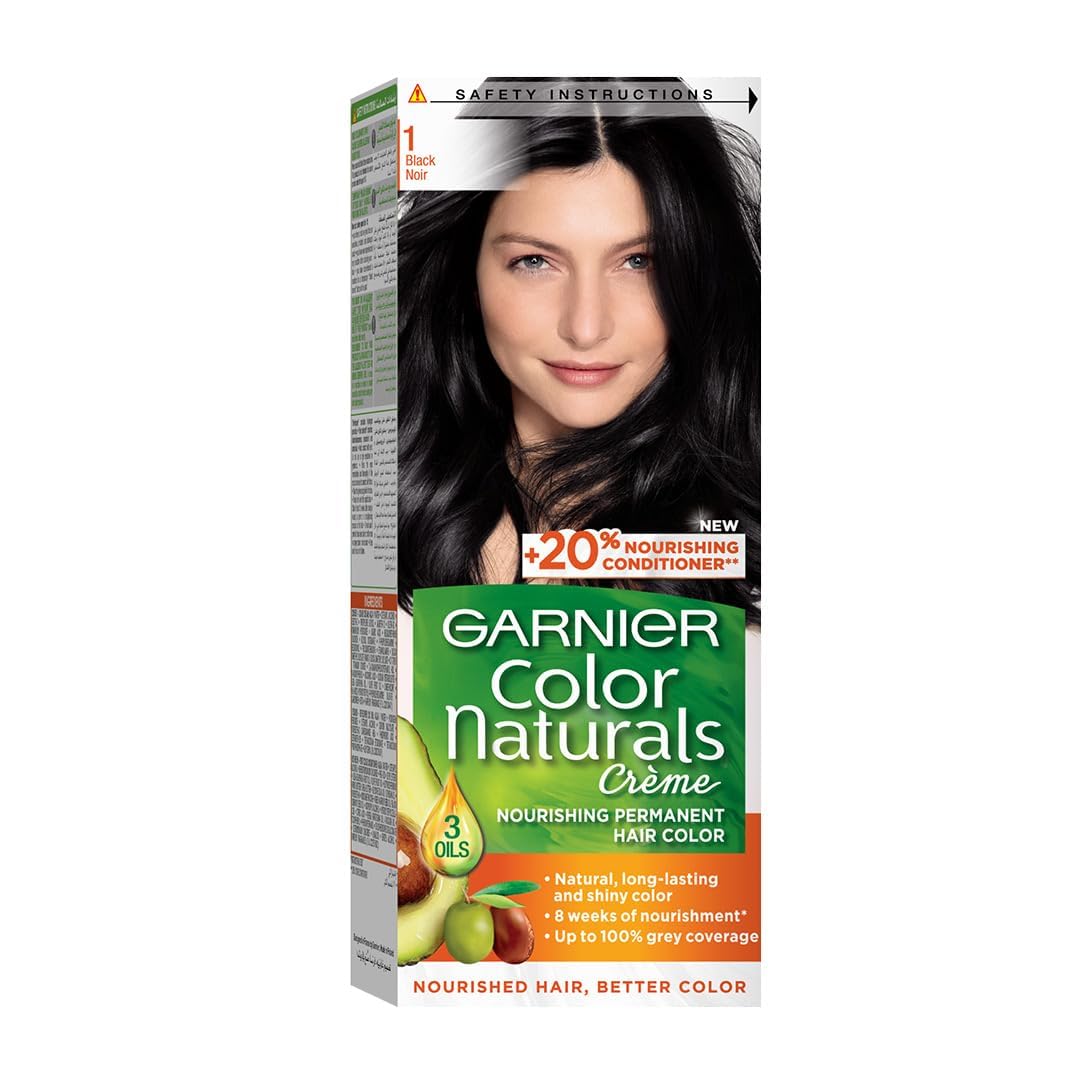 GarnierHair Colour, With 3 Nourishing Oils, Grey Covereage, Long-lasting Shiny Colour, Natural-looking Result, For All Hair Types, Color Naturals Crème, 1 Black