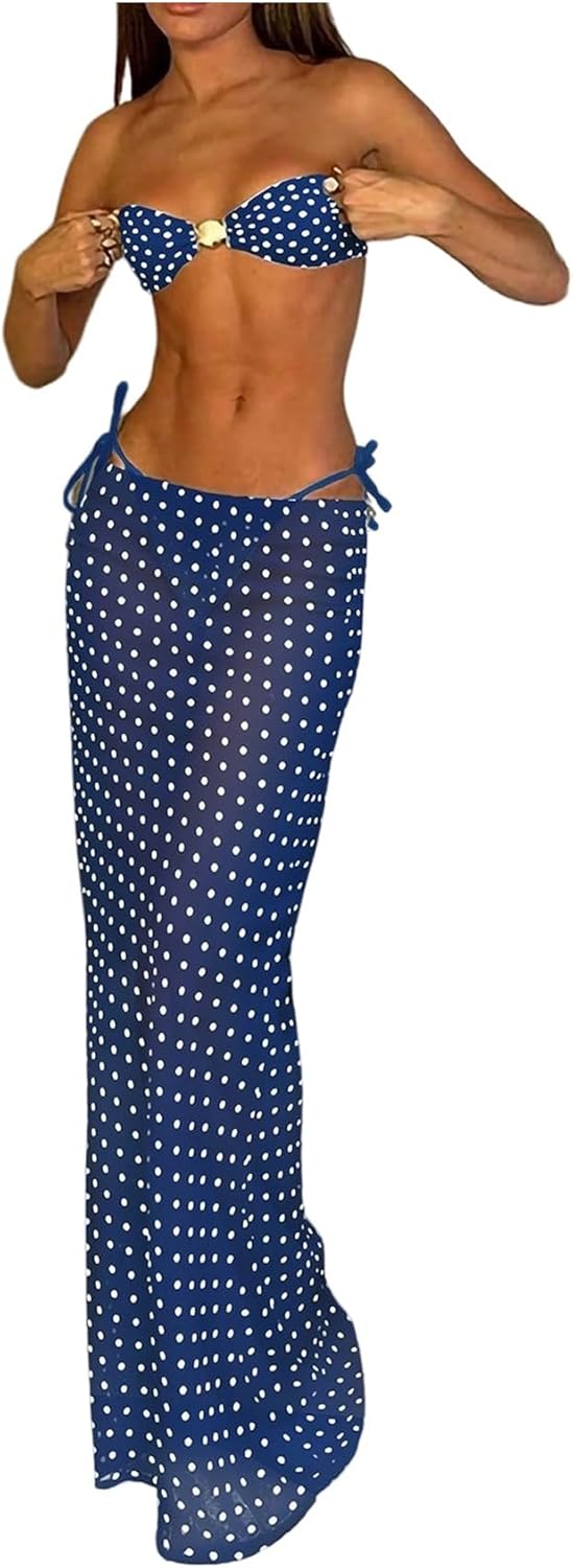 SweatyRocks Women's Polka Dots Bandeau Bikini Sets Side Tie Thong 3 Piece Swimsuit with Cover Up