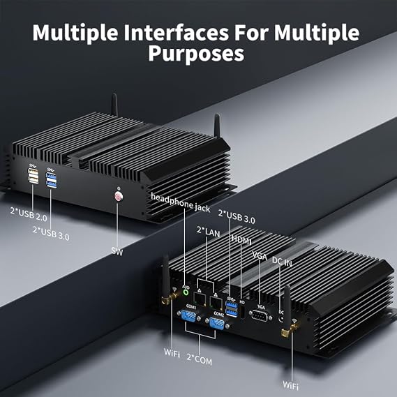 Thdeukoty Fanless Mini Industrial PC, Desktop Computer Core i7-5500U Windows 10 Pro, 16GB RAM 256GB SSD, 2xNICs, 2*COM RS232, 4xUSB3.0, Dula-Band WiFi, HDMI/VGA Ports, Gigabit LAN, Auto Power On