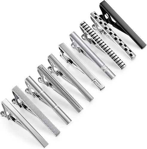 UJOY Juego de 10 clips de corbata clásicos de 2.36 pulgadas, color plateado, negro, dorado, camisa de negocios, corbata para hombre