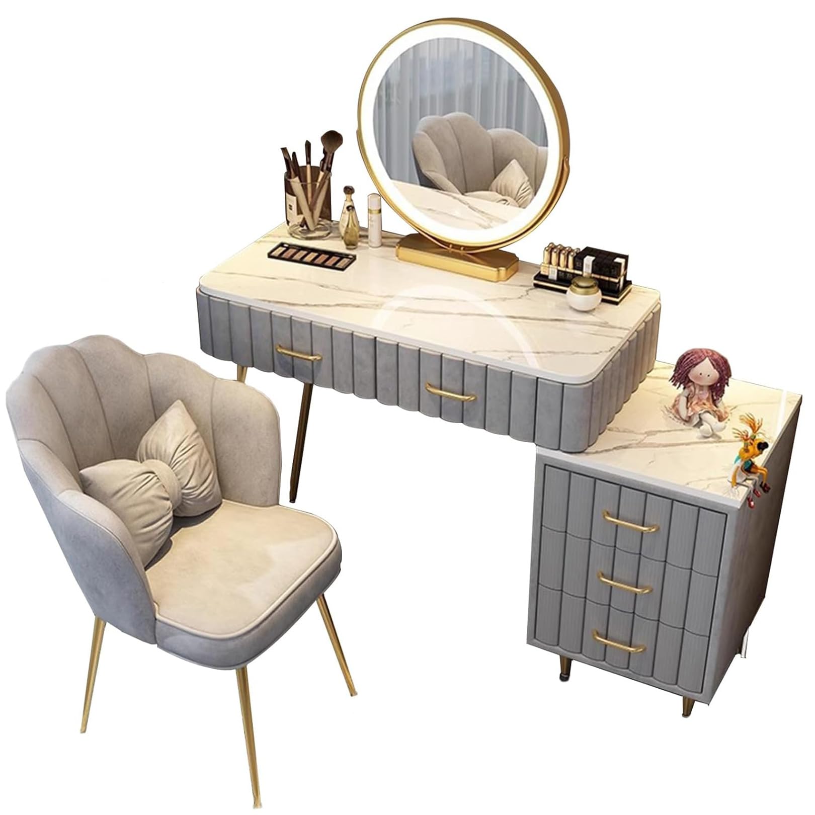 CGCSYZ Makeup Vanity Table with 5 Drawers Mirror & Lights 3 Lighting Modes Multifunctional Makeup Desk for Bedroom Stylish White 100cm Dressing Table(Grey-80cm)