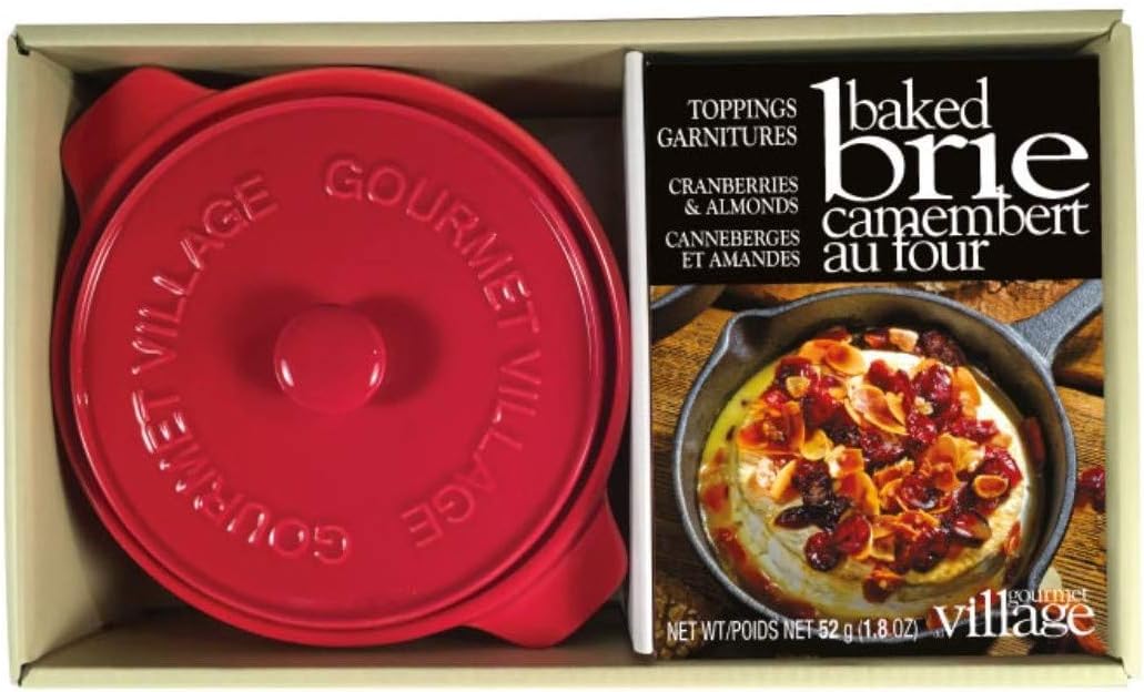 Gourmet du Village, Red Ceramic Brie Baker with Handles Gift Set with Cranberry Almond Topping