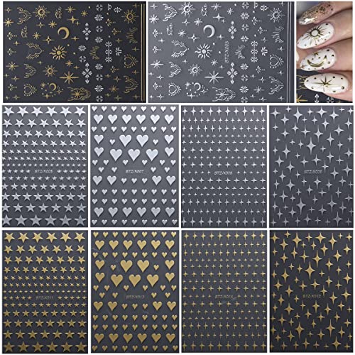 10 Sheets Metallic Nail Art Stickers Decal,3D Gold Nail Stickers Self-Adhesive Nail Decals Glitter Stars Moon Love Heart Gold Silver Nail Design Sticker Nail Art Decorations Women Diy Nail Accessories #TOP5
