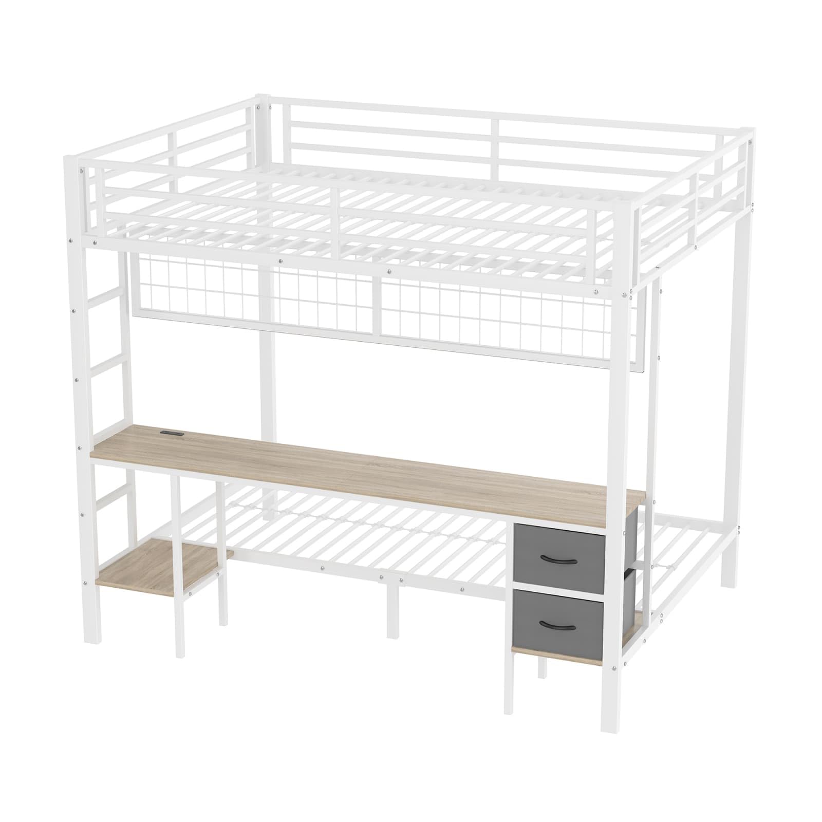 KOMHTOM Lit Superposé en Fer, Cadre de Lit Multifonctionnel, 90x200cm et 140x200cm, avec étagère de Rangement, 2 tiroirs, Bande LED et Port USB(sans Matelas) (Blanc)