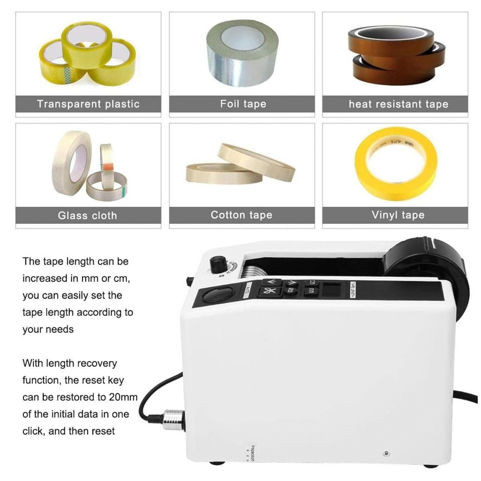 Dispensador de Cinta eléctrico con Sensor automático, presión Ajustable, Pantalla Digital, Longitud de Corte de 20 a 999 mm, Ancho de 7 a 50 mm: Ideal para Envolver y embalar