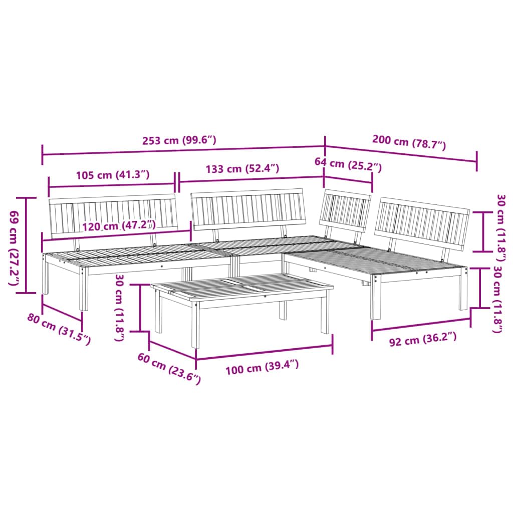 Juego de 4 sofás de jardín de palets de madera maciza de acacia, diseño de listones para una óptima circulación del aire, muebles modulares para terraza y exterior, resistente