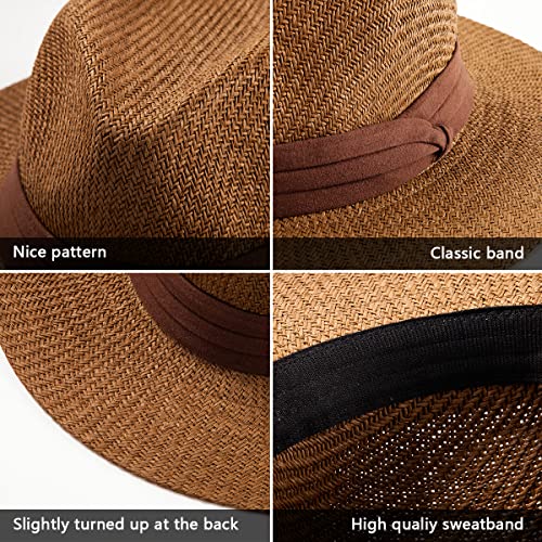Ladybro Womens Panama Hat Wide Brim Straw Fedora Hat For Women Men Beach Sun Hat Brown thumb #2