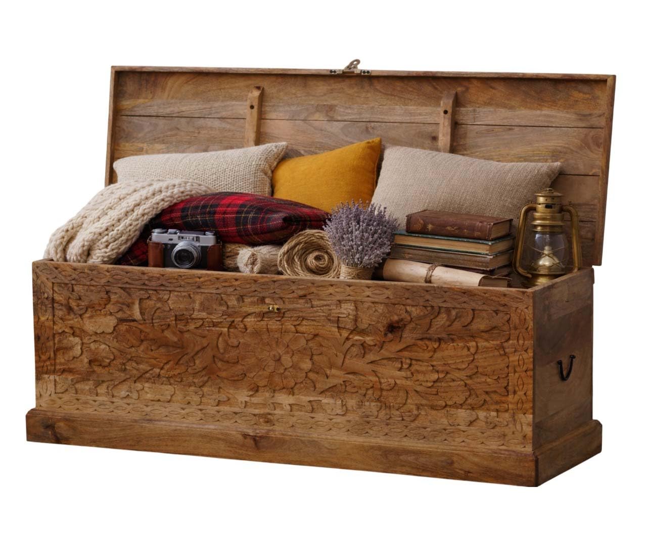 Wooden Storage Trunk, Wooden Carved Trunk, Coffee Table for Living Room, Center Table with Storage, Deccorative Blanket Box for Bedroom, Lattice Floral Design, Natural Mango Wood Finish.-image-11