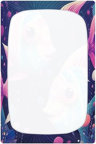 Miniatura 2 de Kigai Dos sábanas coloridas para cuna de peces, sábanas ajustables elásticas para cuna para niños y niñas, sábana de cuna unisex acogedora de 28 x