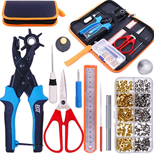 Glarks Adjustable Leather Hole Punch Pliers with Single Cap Leather Rivets Set Free