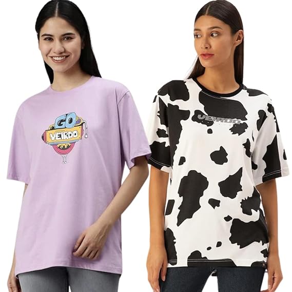Veirdo® Pure Cotton Oversized Loose Fit Animal Graphic Printed Half Sleeve T-Shirt for Women/Girls (Pack of 2)