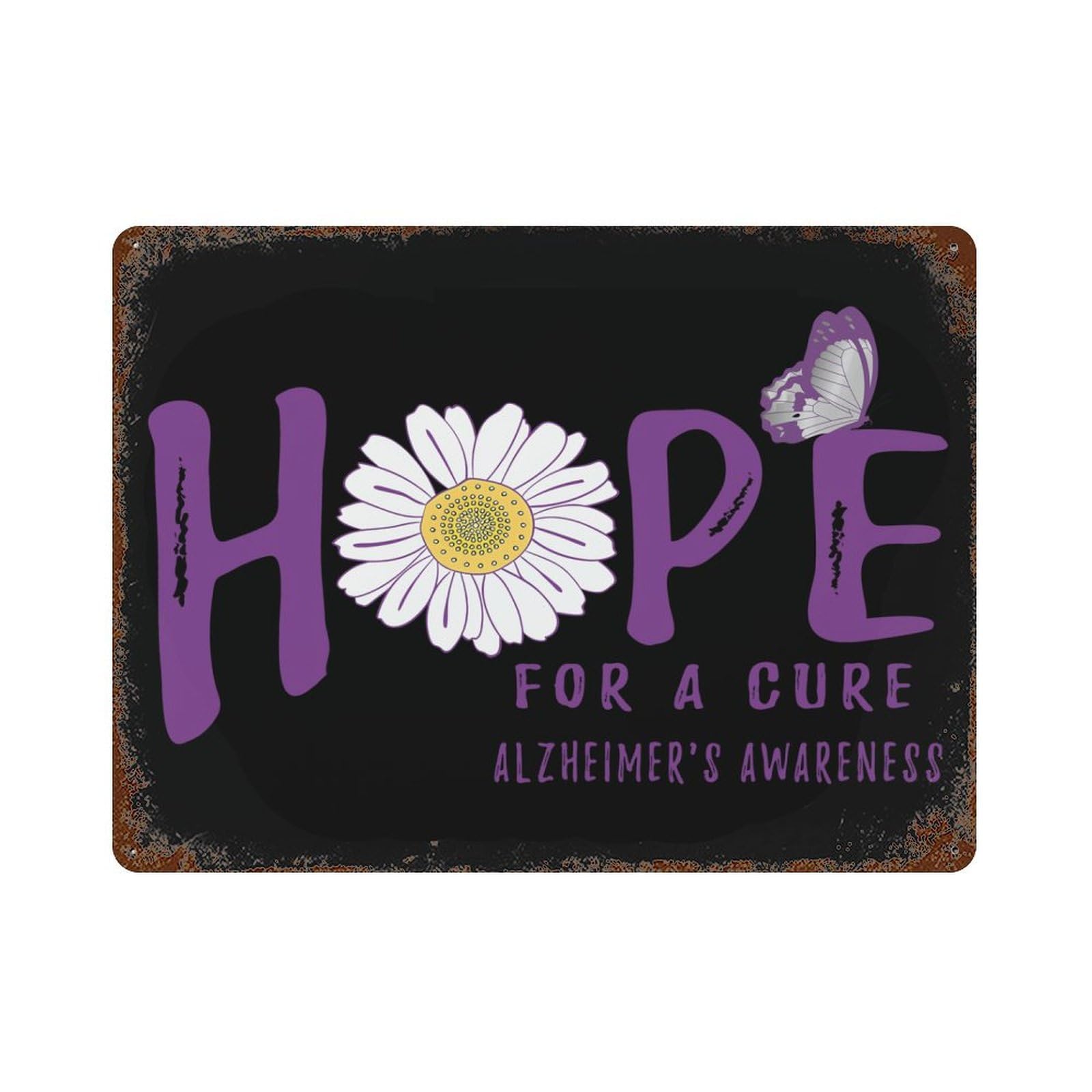 KWQDOZF Hope for A Cure Alzheimer's Awareness Flower Theme Metal Tin Sign,Vintage Iron Hanging Plate Horizontal with Rust Poster Wall Decor 12x16inch