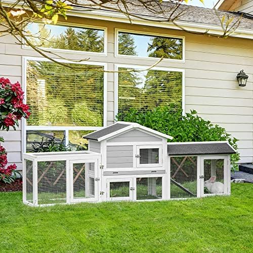PawHut Wooden Rabbit Hutch Outdoor Large Guinea Pig Hutch Bunny Run Cage Pull Out Tray Small Animal House for Outdoor Grey 227 x 53 x 85 cm