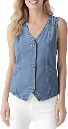 Womens Denim Sleeveless Casual Vest for women, Jean Vest Top, Light Wash, V Neck, Button Front with Dual Pockets