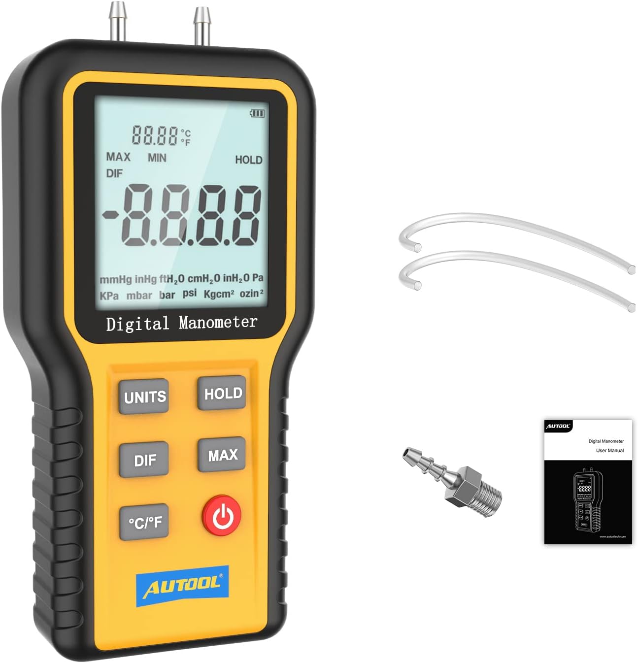 AUTOOLDigital Manometer Portable Dual-Port Differential Manometer Air Pressure Gauge Meter HVAC/Gas Pressure Tester with 12 Units & LCD Display