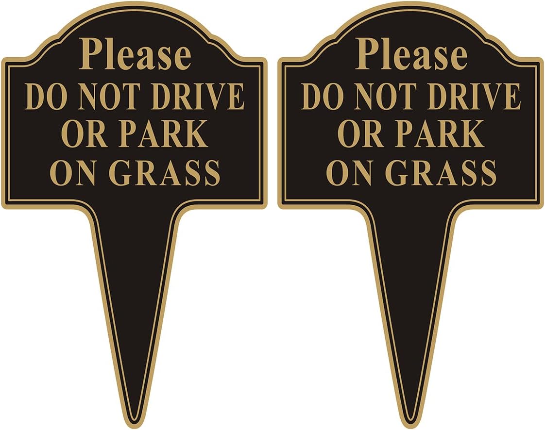 Do not Drive or Park on Grass Sign, Yuntarda 2-Pack 10”x14” Double Sided Stay Off Grass Sign with Integrated Stake Rust-free Aluminum Yard Sign Easy Install for Outdoor Use 10x14inches-Black-2pack