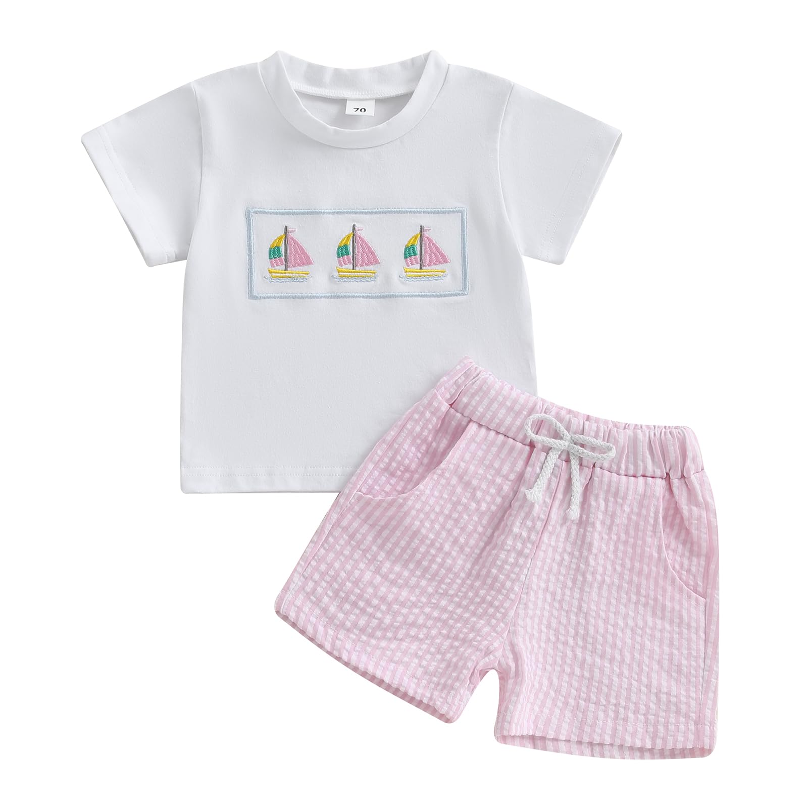Thorn Tree Toddler Baby Girl Clothes Sailboat T-Shirt Crewneck Short Sleeve Top Plaid Shorts Summer Outfits 0-3T (White & Pink Set,6-12 Months)