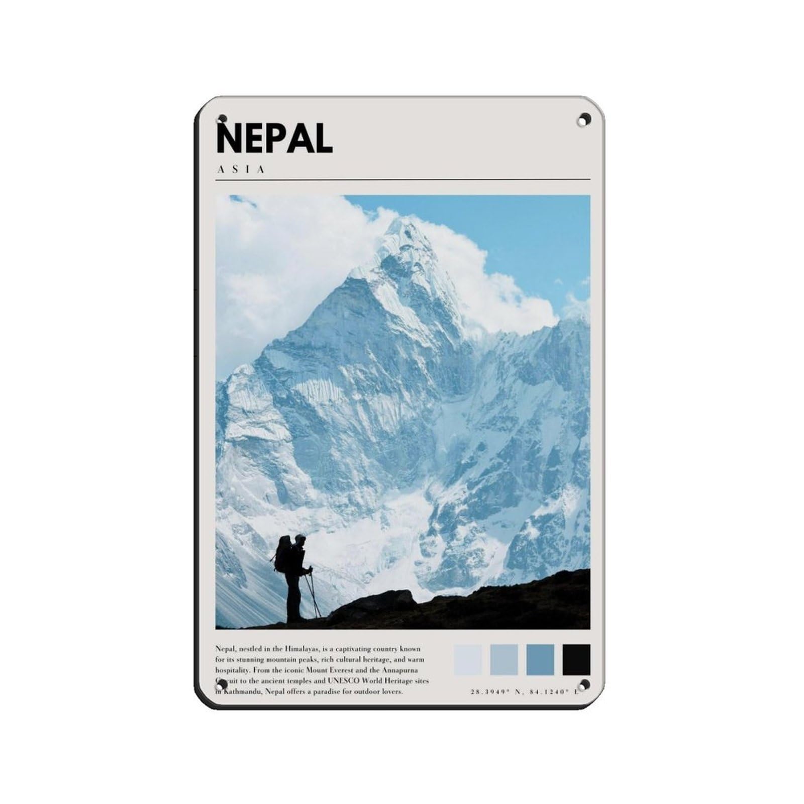 Nepal Mountain Poster Mt Everest Art Retro Poster Metal Tin Sign Chic Art Retro Iron Painting Bar People Cave Cafe Family Garage Poster Wall Decoration 8x12inch(20x30cm)