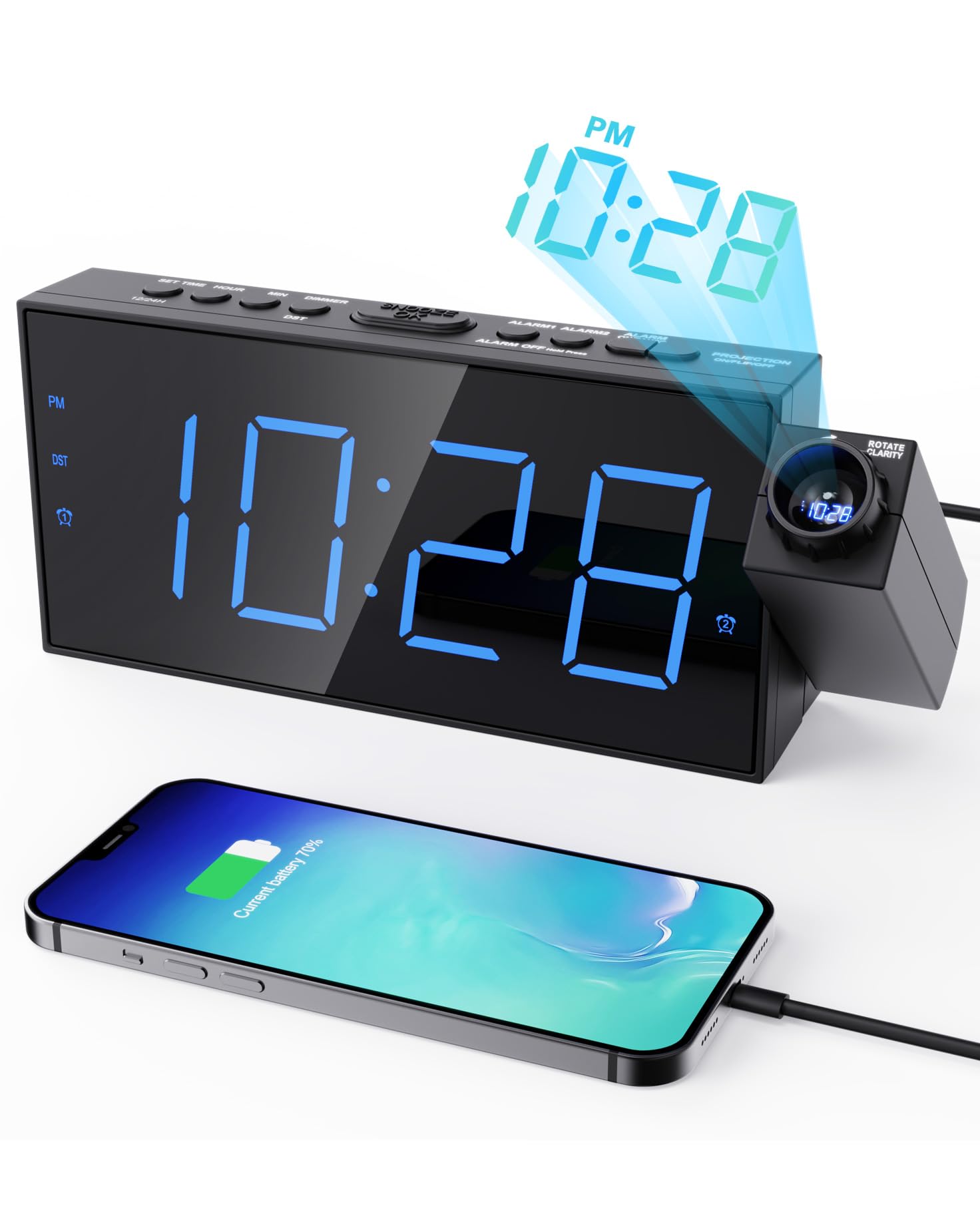 ROCAM Sveglia con Proiettore da Comodino, 7" Display LED &Dimmer, Porta USB, 12/24 Ore, Batteria Backup, Sveglia Digitale per Camera da Letto | Orologi a Proiezione