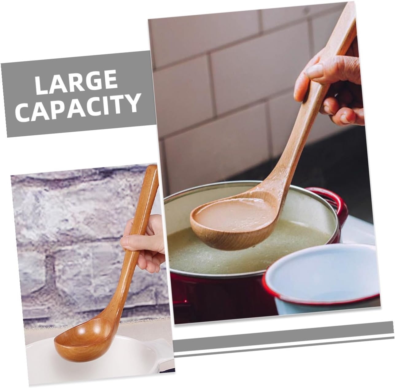 PRETYZOOM Japanese Long Handle Wooden Soup Ladle Large Wood Cooking Spoon for Kitchen Serving Asian Soup Ramen Stirring Spoon with Hanging Hook for Home Use