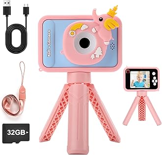 Kids Camera with Tripods, Kids Digital Video Camera, Toddler Camera with 32GB Card, 2.4" Screen Portable Kids Selfie Camera, Christmas Birthday Gift for Boys and Girls 3-12 Years Old