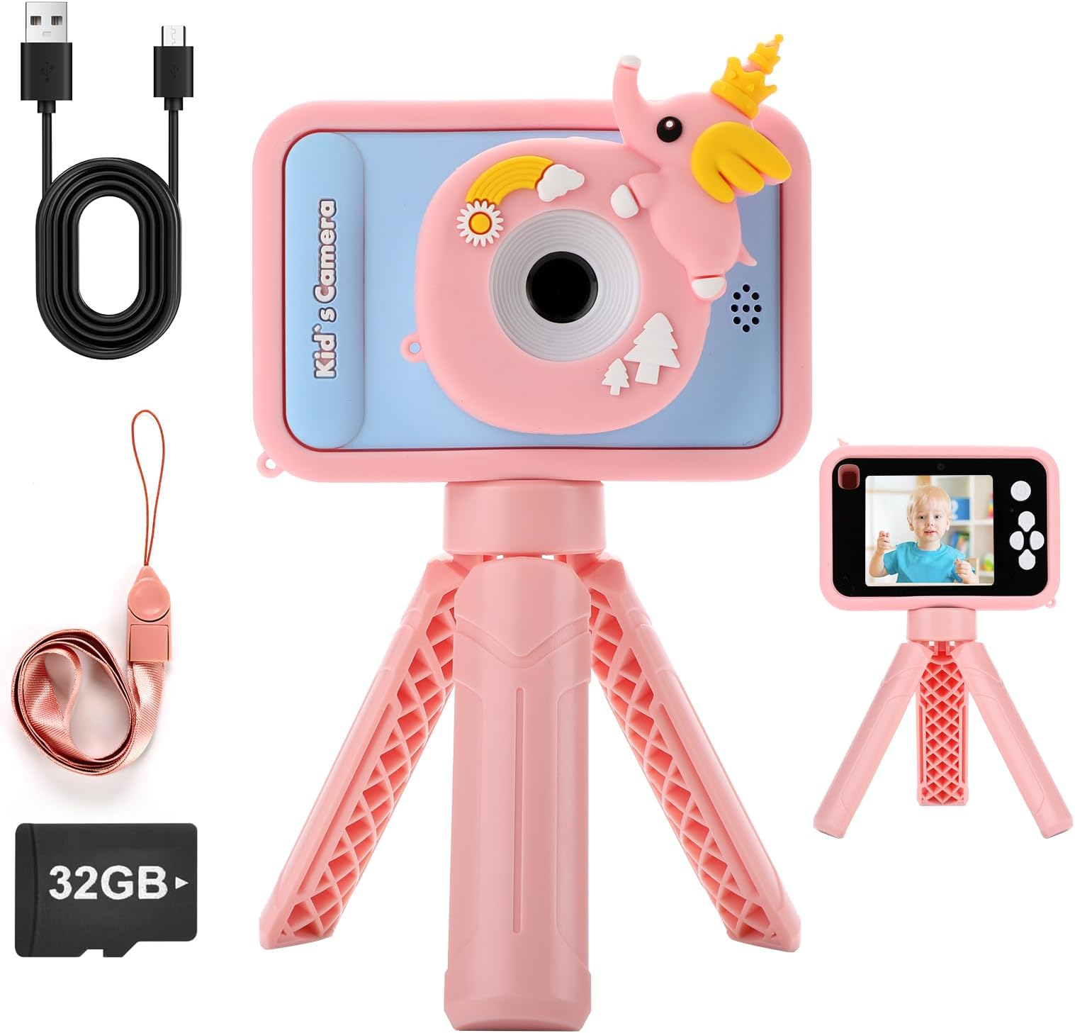 Kids Camera with Tripods, Kids Digital Video Camera, Toddler Camera with 32GB Card, 2.4" Screen Portable Kids Selfie Camera, Christmas Birthday Gift for Boys and Girls 3-12 Years Old