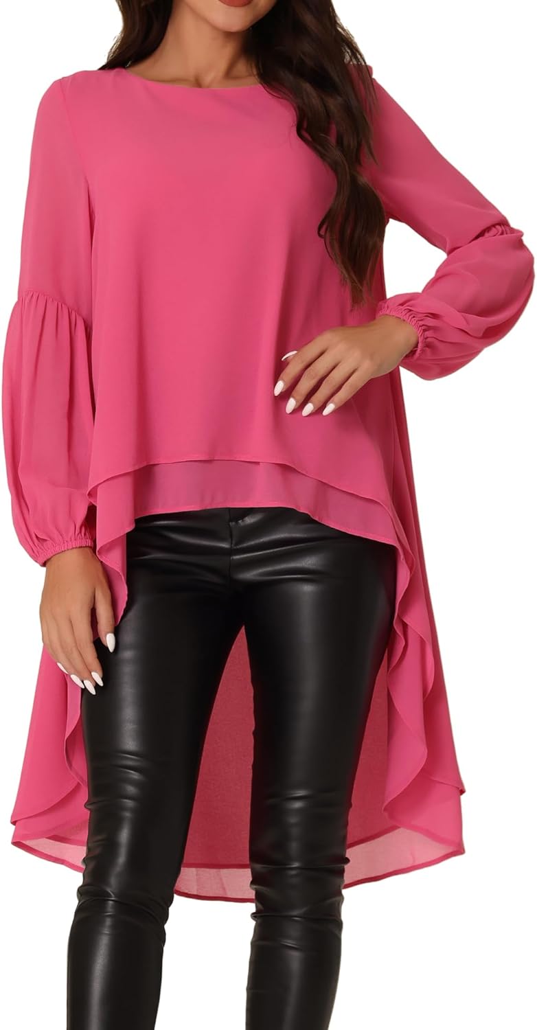 Seta T Women's High Low Tops Lantern Long Sleeve Round Neck Dressy Casual Chiffon Asymmetrical Tops Blouse