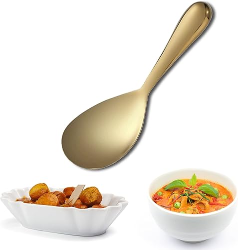 Cuchara de arroz de acero inoxidable dorado de 8 pulgadas, cuchara de arroz espesa para cocina en casa, pulido con espejo, fácil de limpiar (1
