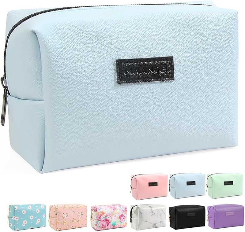 Necessaire pequena para maquiagem MAANGE em couro sintético azul, com zíper, 20,07 cm x 8,38 cm x 12,45 cm
