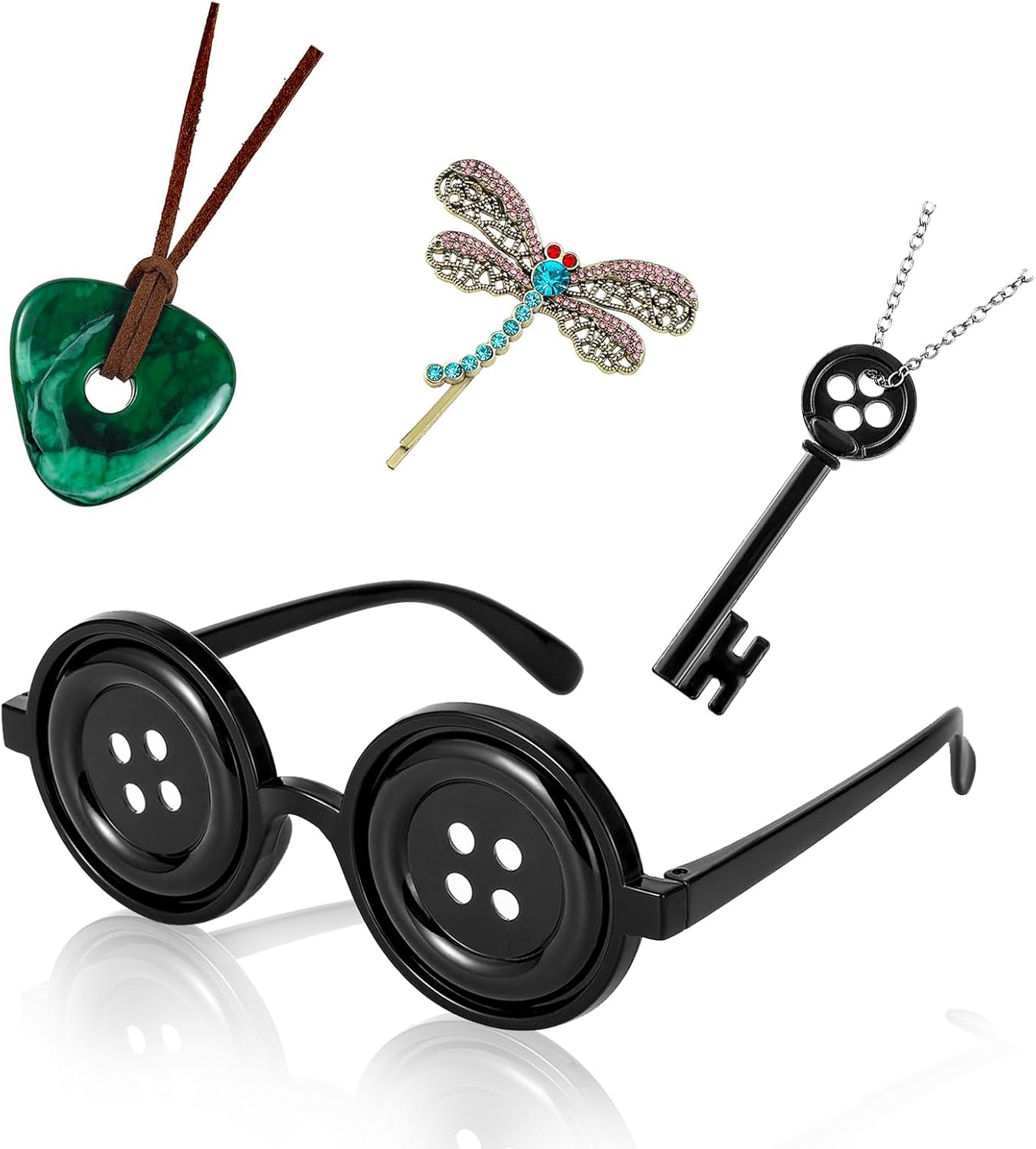 Button Eyes Glasses Halloween Costume Set - With Key Necklace, Hair Clip & Green Stone