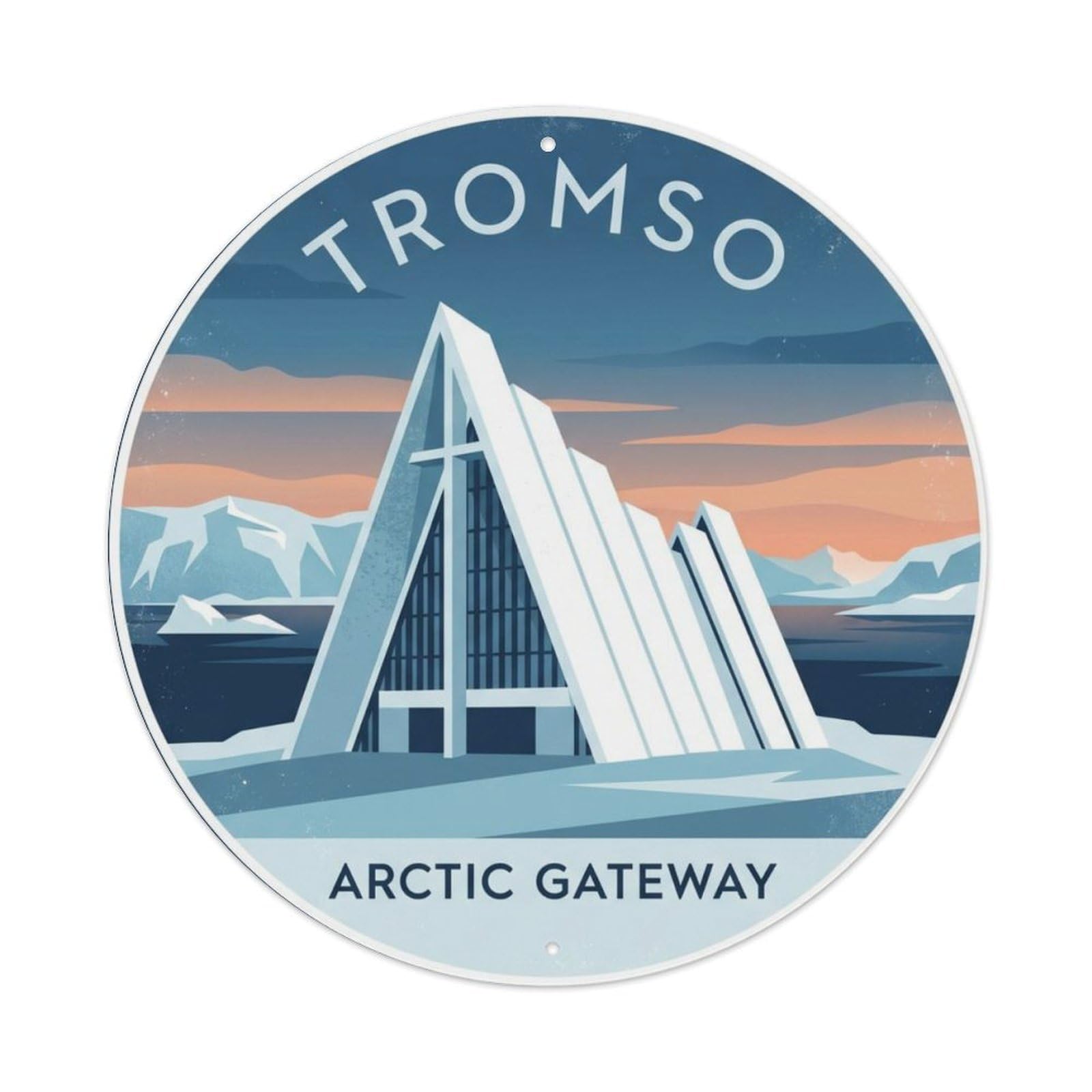 Vintage Travel Tromso Norway Cathedral Metal Tin Sign Plaque Wall Decor for Cafe, Club Bar, Office, Home Garden Round Metal Poster 8x8Inch