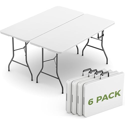 Folding Table 6 Pack, 6 FT Foldable Plastic Table with Carrying Handle, Heavy Duty Portable Fold-in-Half Utility Table for Party, Camping, Banquet, Craft, Wedding, Indoor & Outdoor Use
